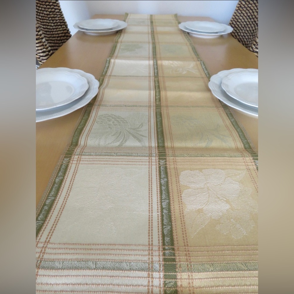 Vintage Mustard Yellow & Olive Green Table Runner With Pineapples & Hibiscus